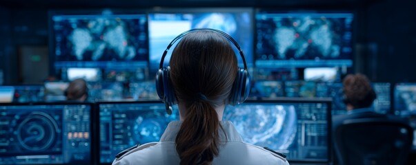 Woman monitoring complex data on multiple screens in a control room, concept for cybersecurity, data analysis and global surveillance