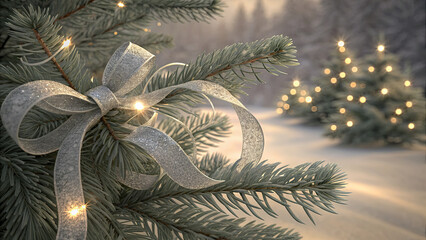 Beautifully decorated Christmas tree with silver ribbon in a snowy winter landscape during evening hours