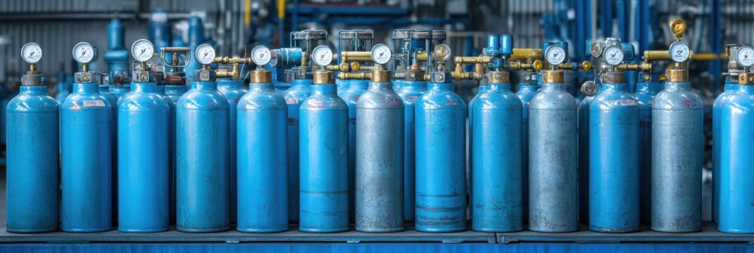 Elegant photo of row of blue industrial gas cylinders with pressure gauges.