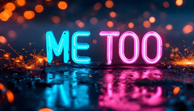 The words "ME TOO" are displayed in neon lights with sparkling effects on a reflective surface.