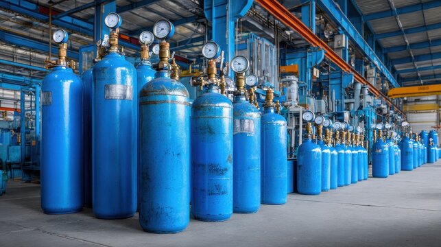 Elegant photo of industrial gas cylinders in a factory storage area.