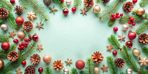 Colorful Christmas decoration with pine cones, berries, and ornaments arranged on a light background for festive celebrations