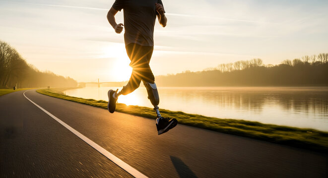 A young man with a prosthetic leg runs along a scenic riverside path during sunrise.