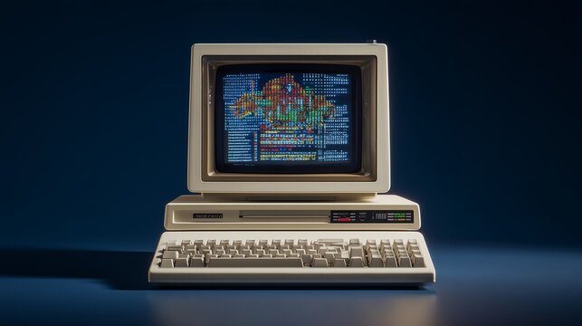 Vintage personal computer with pixelated graphics displayed on the screen, showcasing retro technology, concept for nostalgic media, software engineering and historical artifact