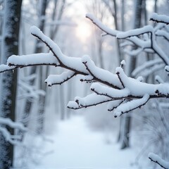 Snow-covered branches in serene early winter forest with soft light