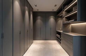 Modern walk-in closet with grey built-in wardrobes and shelves. Minimalist interior design offers ample storage for clothing and shoes. Clean, organized space with integrated lighting.