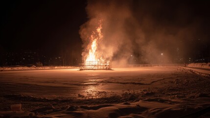 Elegant photo of large bonfire burning brightly at night on a frozen lake.