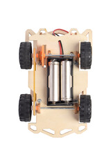 Wooden DIY toy car isolated on white background for education and STEM learning themes.