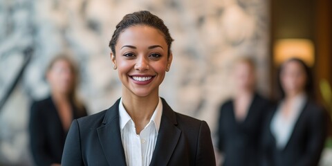 Smiling mixed race businesswoman in suit with blurred female team background, concept for leadership seminar, women empowerment and corporate communication