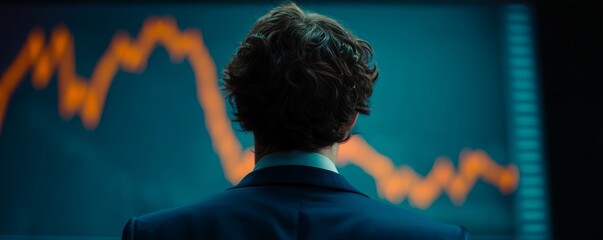 A man in suit observes a screen displaying a fluctuating orange chart line in dark ambiance, concept for financial analysis, investment strategy and economic forecasting