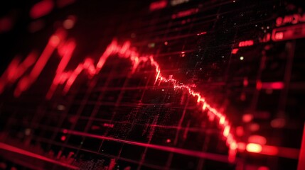Abstract digital display showcasing a steep, declining red line graph against a dark background, concept for financial crisis, economic recession and market crash