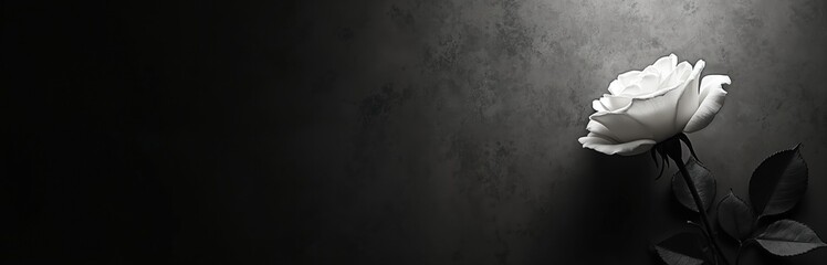 Fototapeta premium Single white rose rests on textured dark background. Delicate petals and leaves symbolise remembrance. Clean space awaits personal sentiment or quote.