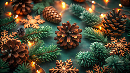 Decorative pine cones and holiday lights create a festive scene for winter celebrations and cozy gatherings