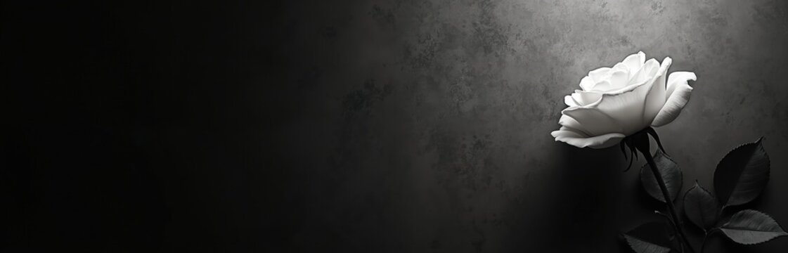 Single white rose rests on textured dark background. Delicate petals and leaves symbolise remembrance. Clean space awaits personal sentiment or quote.