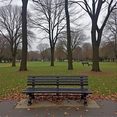 Empty park bench under bare trees with fallen leaves and overcast sky
