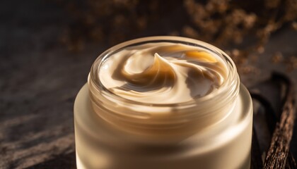 Rich, creamy cosmetic product fills a translucent glass jar with swirls on the surface