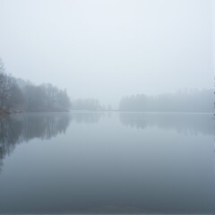 Foggy early winter lake with calm water and muted reflections