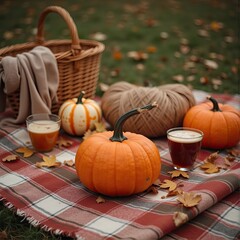 Autumn picnic with pumpkins, cozy blanket, and warm drinks outdoors