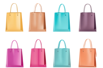 Colorful set of empty shopping bags arranged in a neat grid on a white background suitable for online retail or advertising display