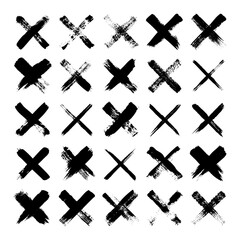 Grunge crosses, brush strokes, x mark, lines, ink smudges, hand-drawn scribble shapes. Handmade sketchy marks, acrylic stains, charcoal streaks. Paint textures, dry brush effect. Vector illustration