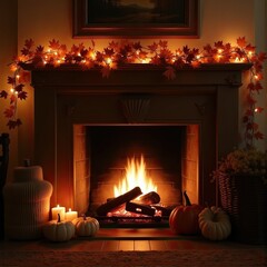Warm cozy fireplace with autumn decorations and soft interior light
