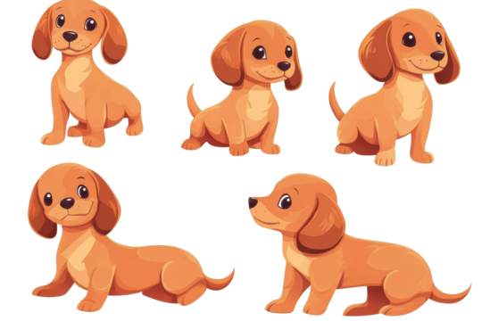 Set of adorable baby dachshund dogs in multiple poses showcasing playful expressions and charming personalities suitable for various creative projects