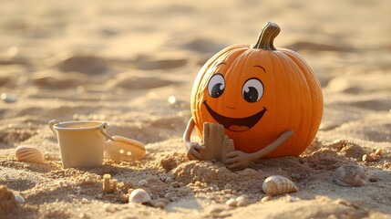 Naklejka premium Playful Pumpkin on Sunny Beach | Sand Fun & Seashells