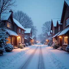 Snowy village street at dusk with warm glowing windows