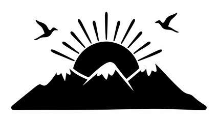 Silhouette of mountains with sun rising and birds flying in the sky creating a nature inspired scene design