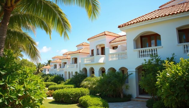 Luxury villas with terracotta roofs and white walls stand. Lush green plants and palm trees are in front. Clear blue sky is background. Photo taken during sunny day. - Powered by Adobe