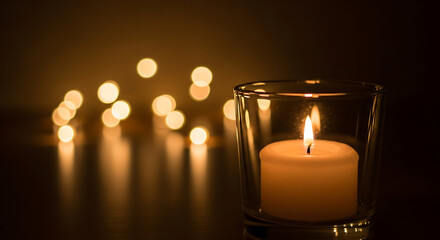 Warm candle flame in glass jar with bokeh lights reflection
