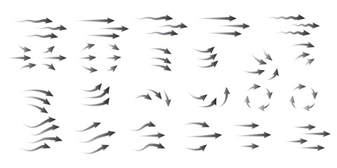 Airflow and ventilation vector set with hot and cold wind, arrows, fans, filters and stream lines. Clean transparent graphics for HVAC, purifier, conditioner or room climate control illustrations.