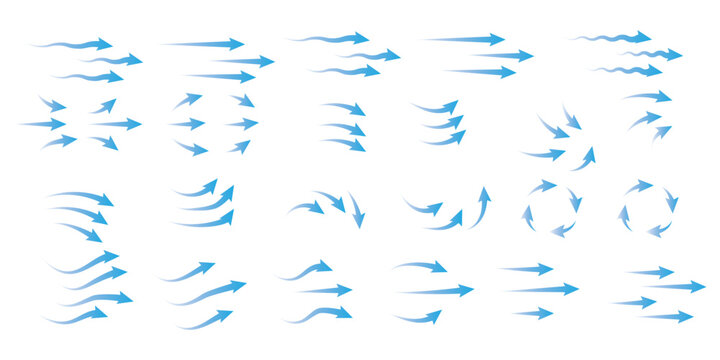 Airflow and ventilation vector set with hot and cold wind, arrows, fans, filters and stream lines. Clean transparent graphics for HVAC, purifier, conditioner or room climate control illustrations.