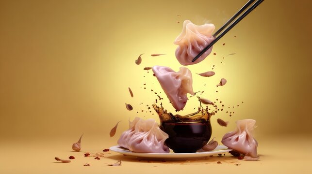 Colorful dumplings being lifted with chopsticks above a bowl, surrounded by splashes of sauce and flying ingredients, creating a dynamic and appetizing culinary scene with vibrant colors