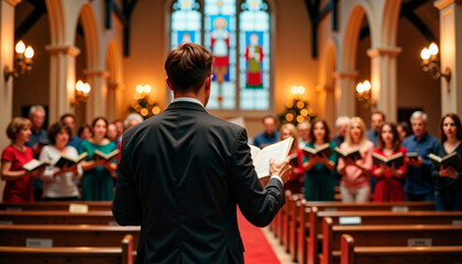Obraz premium Choir conductor passionately leading Christmas choir in church, festive spirit