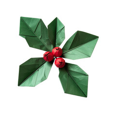 Origami Christmas Mistletoe, Green and Red Paper, Isolated, textured, 3D