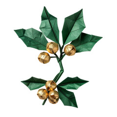 Origami Christmas Mistletoe, Green and Gold Paper, Isolated, textured, 3D