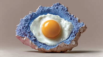 Surreal artistic representation of a fried egg nestled in a textured blue and pink rock formation, showcasing a unique blend of food and abstract art, creating an imaginative visual experience