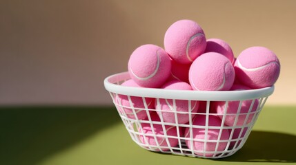 Pink tennis balls arranged in a white basket, showcasing vibrant colors and textures, with a soft gradient background, emphasizing the playful and energetic nature of sports and recreation