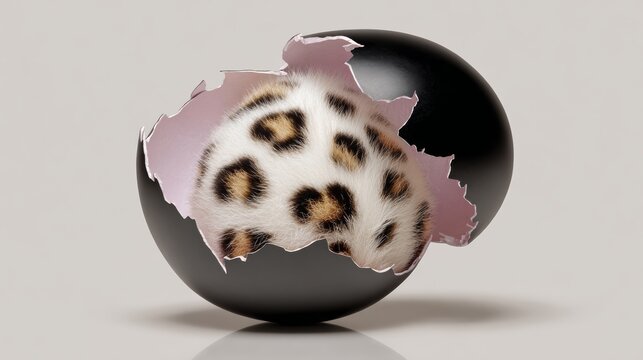 Leopard-patterned animal emerging from a cracked black egg shell, showcasing a unique blend of nature and creativity, symbolizing new beginnings and the beauty of wildlife in a surreal setting