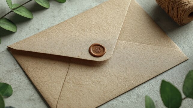 Elegant photo of elegant brown envelope with wax seal and eucalyptus leaves.
