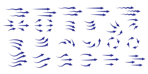 Airflow and ventilation vector set with hot and cold wind, arrows, fans, filters and stream lines. Clean transparent graphics for HVAC, purifier, conditioner or room climate control illustrations.