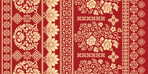 floral pattern vintage ethnic modern embroidery texture boho design vector illustration hand drawn pink flower motif branches leaves wallpaper seamless background border.	
