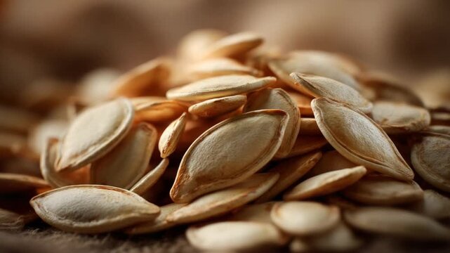 A macro shot displays a pile of toasted, elongated seeds in warm, earthy tones