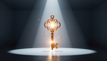 Ornate metallic skeleton key illuminated by a strong spotlight in a dark room