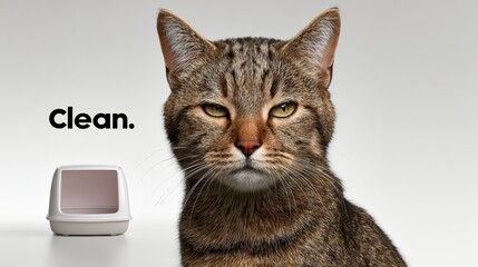 Domestic tabby cat with striking green eyes, gazing confidently at the camera, with a modern litter box nearby, showcasing cleanliness and feline companionship in a minimalist setting