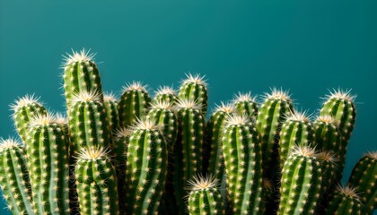 Close-up view of a cluster of green cacti against a teal background.