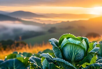 Cabbage in a field at sunrise with mountains and mist in the background.