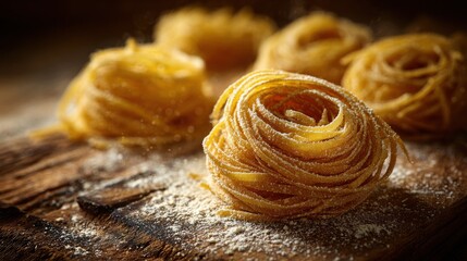 Elegant photo of closeup of nests of uncooked pasta on a rustic wooden surface dusted with flour.