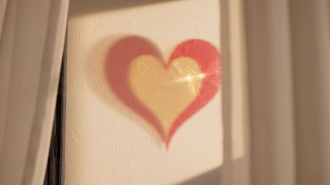 cursive heart - A sunlit curtain casts a soft shadow of a heart shape on the wall, creating a warm, romantic atmosphere filled with golden light and delicate textures